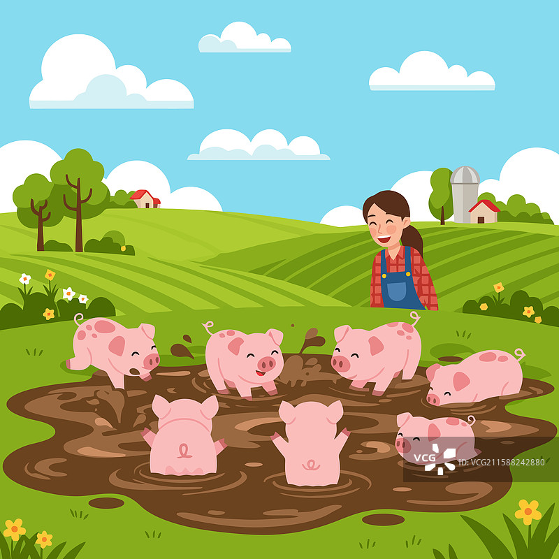 农民看着快乐的小猪在泥水坑里玩耍图片素材