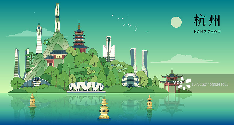 杭州城市地标旅游建筑矢量插画图片素材