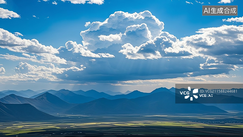 【AI数字艺术】高原,山地,景观,湛蓝天空,层积云,（高山）,湖泊,开阔地貌,大气磅礴,自然风景,冷调色彩,写实风光图片素材