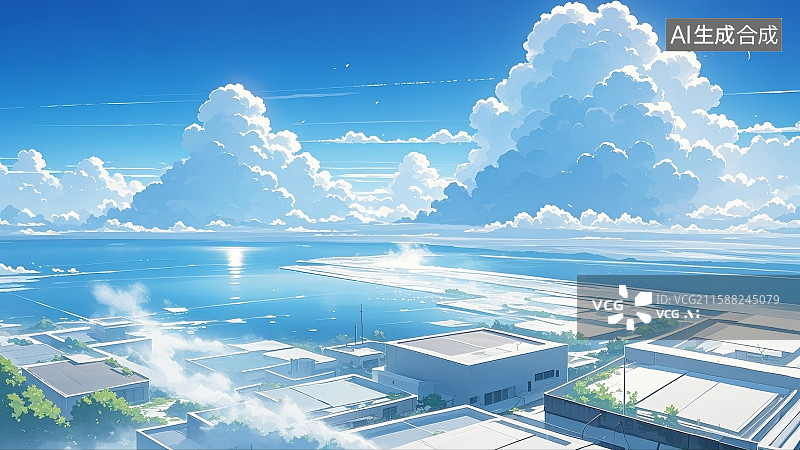 【AI数字艺术】动漫风格天空、二次元插画、澄澈蓝天、巨型蓬松积云、城市天际线（现代建筑群）、晴朗天气、动感云纹、治愈图片素材