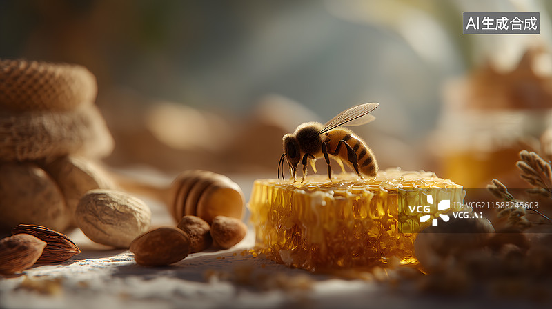 【AI数字艺术】蜜蜂采蜜暖光图片素材