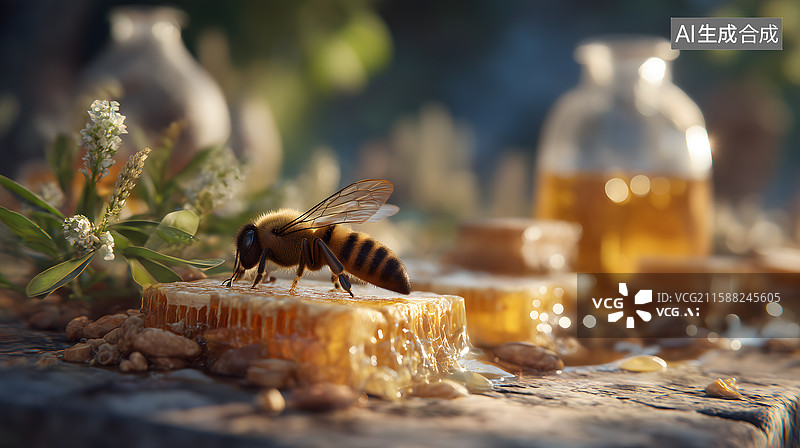 【AI数字艺术】蜜蜂采蜜暖光图片素材