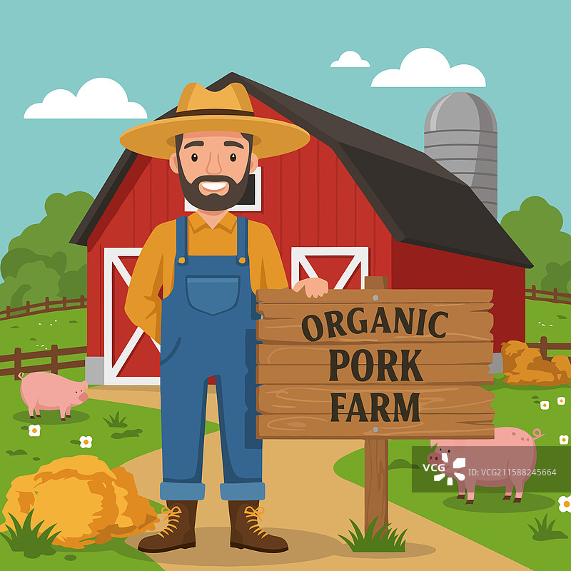 农民站在有机农场的标志旁图片素材