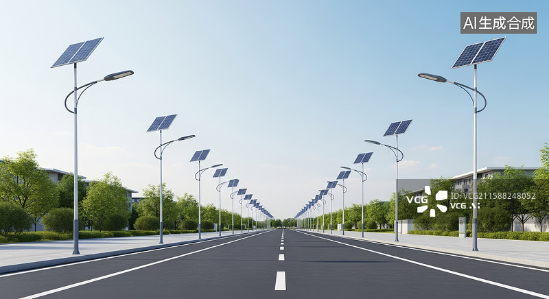 【AI数字艺术】道路上的太阳能路灯图片素材