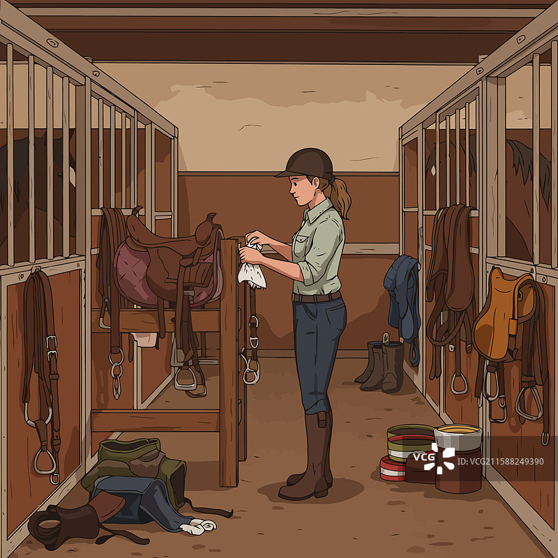 女人在马厩里清洁马鞍和马具图片素材