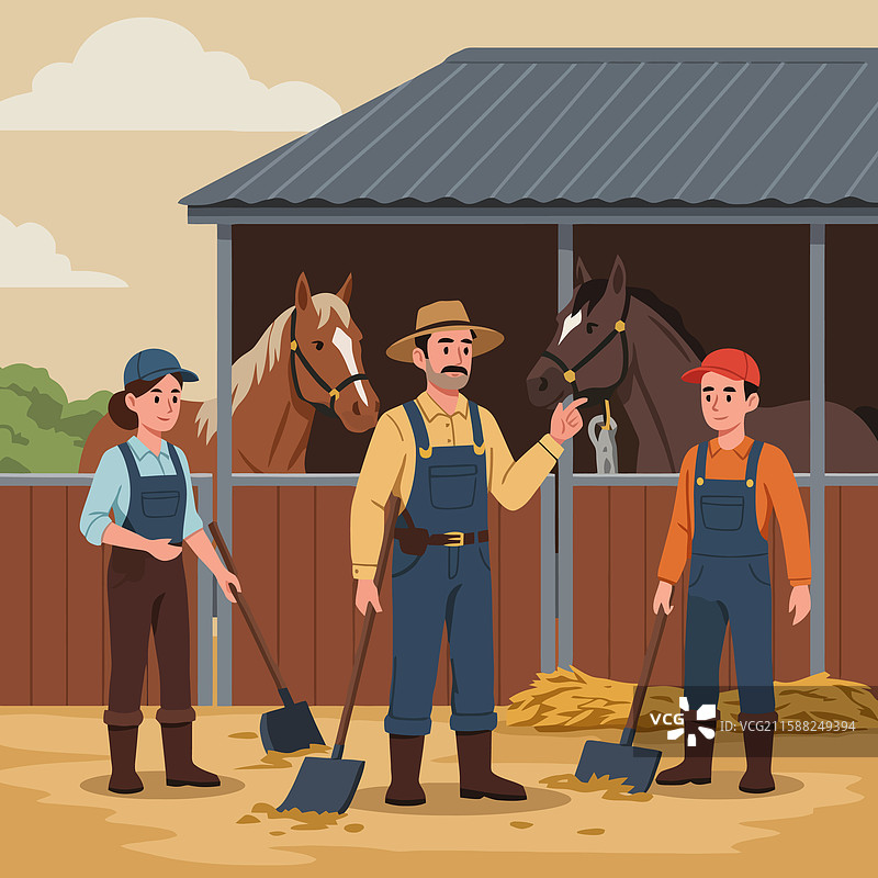 工人们在清理马厩，马匹在旁观看。图片素材