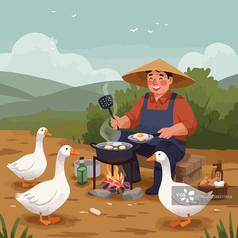 在乡村户外，男人正在烹饪食物，旁边有鹅。图片素材