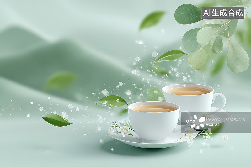 【AI数字艺术】绿茶茶杯绿叶清新自然静物图图片素材