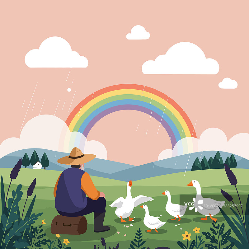 农民在彩虹天空和风景中观察鹅图片素材