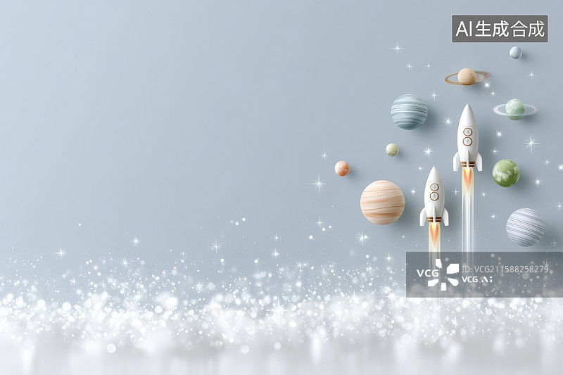 【AI数字艺术】双火箭宇宙星球科幻升空图图片素材