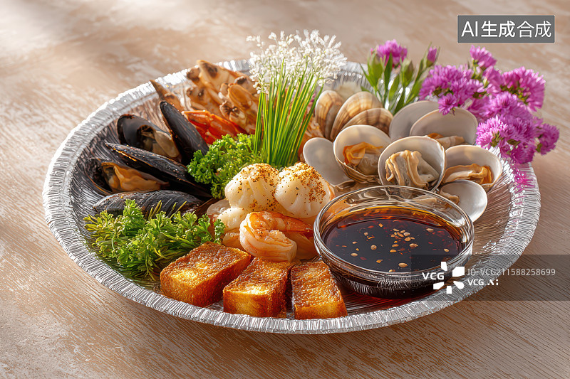【AI数字艺术】海鲜拼盘烤物蘸酱美食摄影图片素材