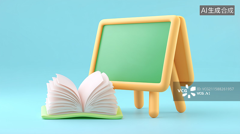 【AI数字艺术】3D教学黑板与打开的书本图片素材