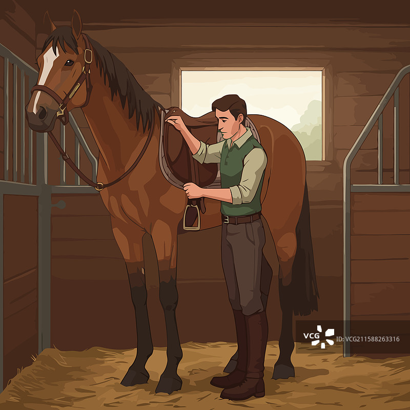 男子在马厩内为马准备鞍具图片素材