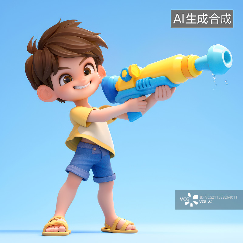 【AI数字艺术】卡通男孩水枪大作战图片素材