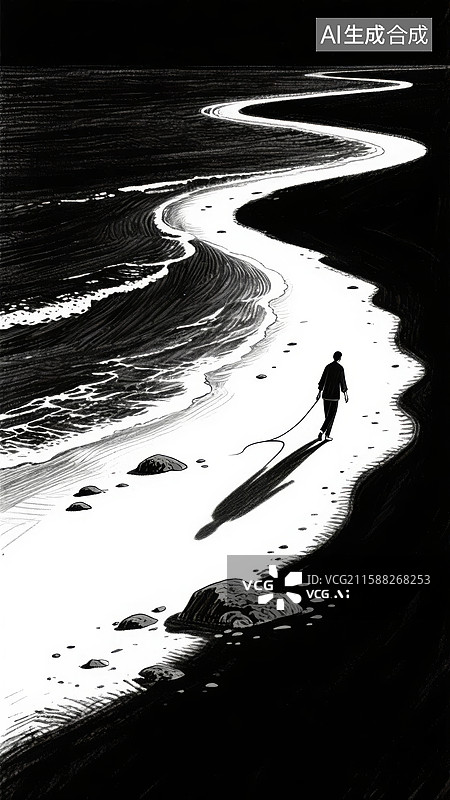 【AI数字艺术】海滩上的孤独行者图片素材