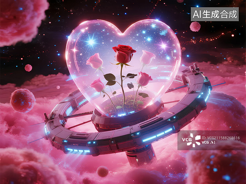 【AI数字艺术】太空飞船承载心形玻璃罩中的玫瑰图片素材
