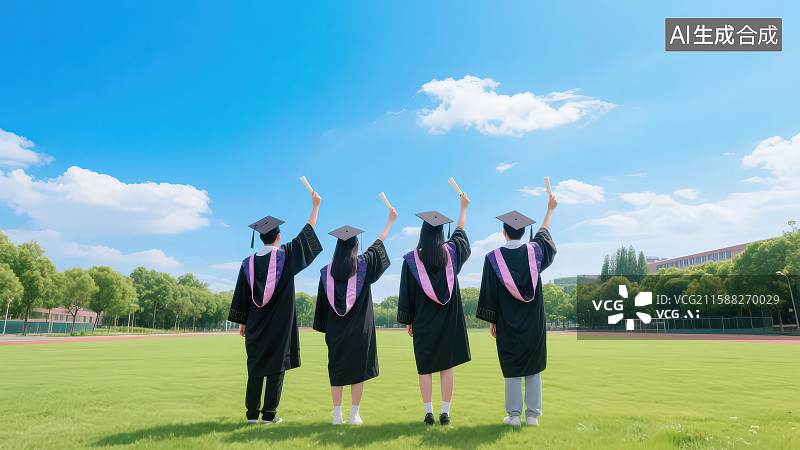 【AI数字艺术】户外毕业季大学毕业生后背剪影图片素材
