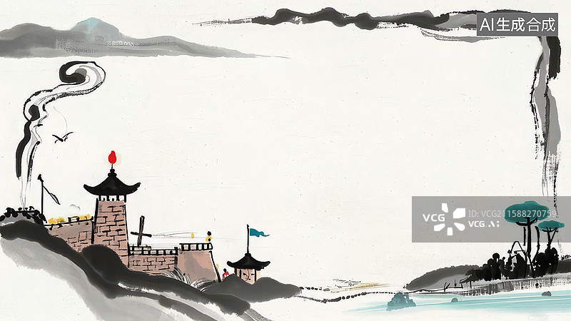 【AI数字艺术】水墨风格的古代建筑与自然景观图片素材
