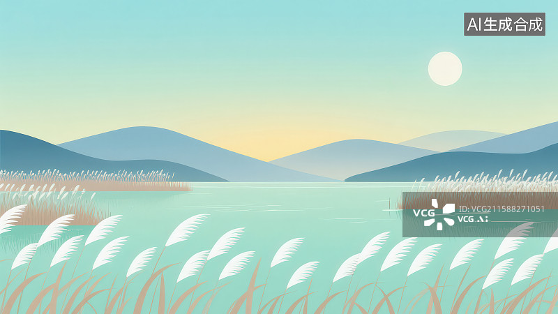【AI数字艺术】太阳湖泊远山芦苇节日二十四节气白露插画图片素材
