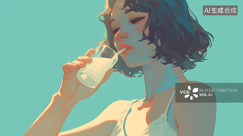 【AI数字艺术】短发女子饮用牛奶的画面图片素材