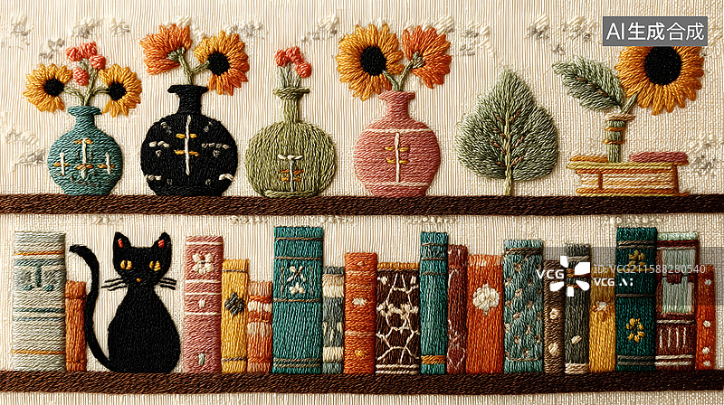 【AI数字艺术】书架上的猫咪与花瓶图片素材