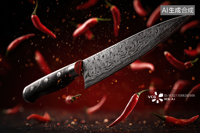 【AI数字艺术】大马士革花纹菜刀与红辣椒图片素材