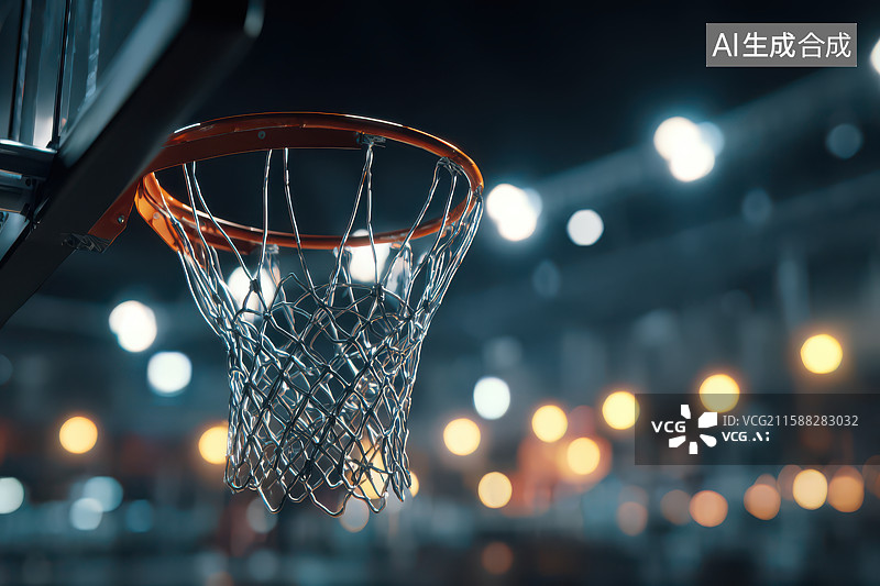 【AI数字艺术】室内篮球场金属篮筐特写图片素材