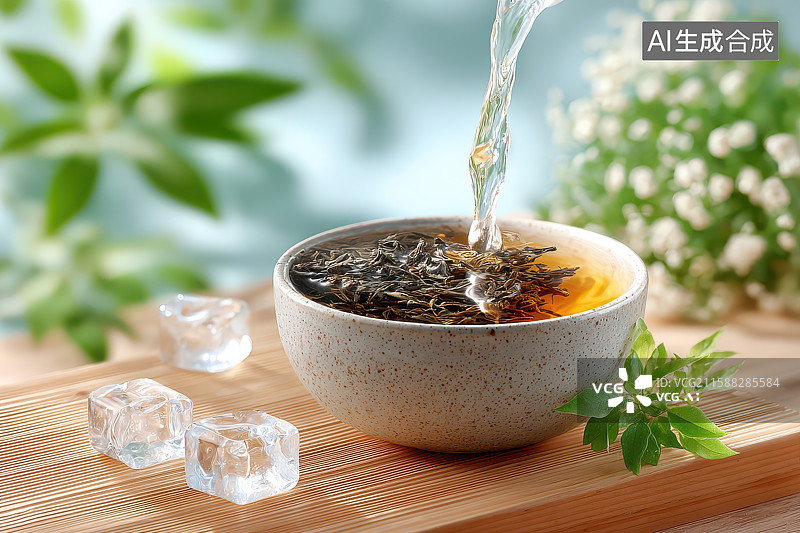 【AI数字艺术】清水泡茶茶杯绿植静物图图片素材