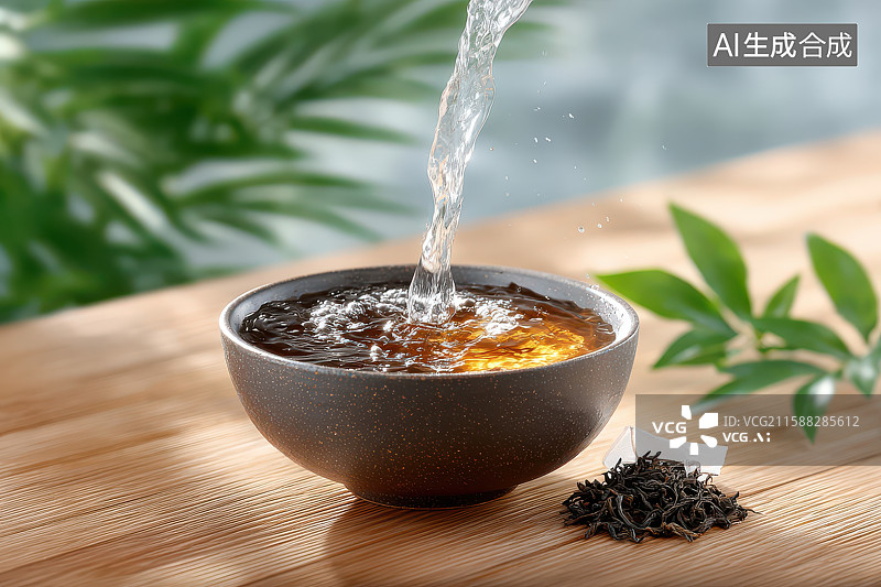 【AI数字艺术】清水泡茶茶杯绿植静物图图片素材