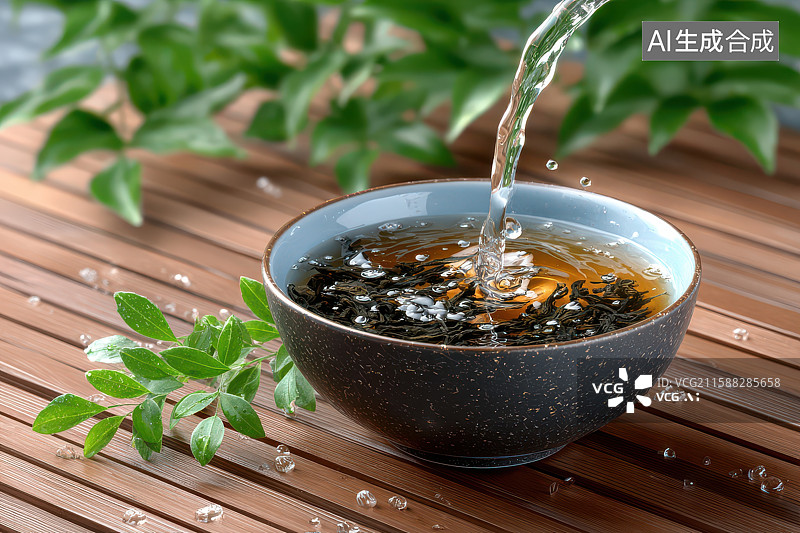 【AI数字艺术】清水泡茶茶杯绿植静物图图片素材