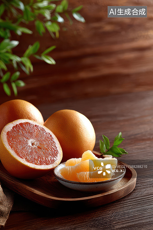 【AI数字艺术】木桌柚子小花自然静物摆放图图片素材