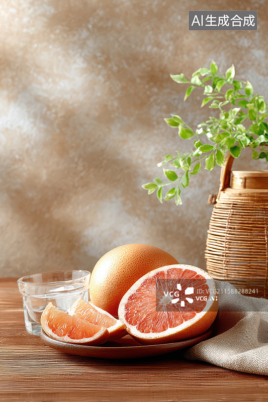 【AI数字艺术】木桌柚子小花自然静物摆放图图片素材