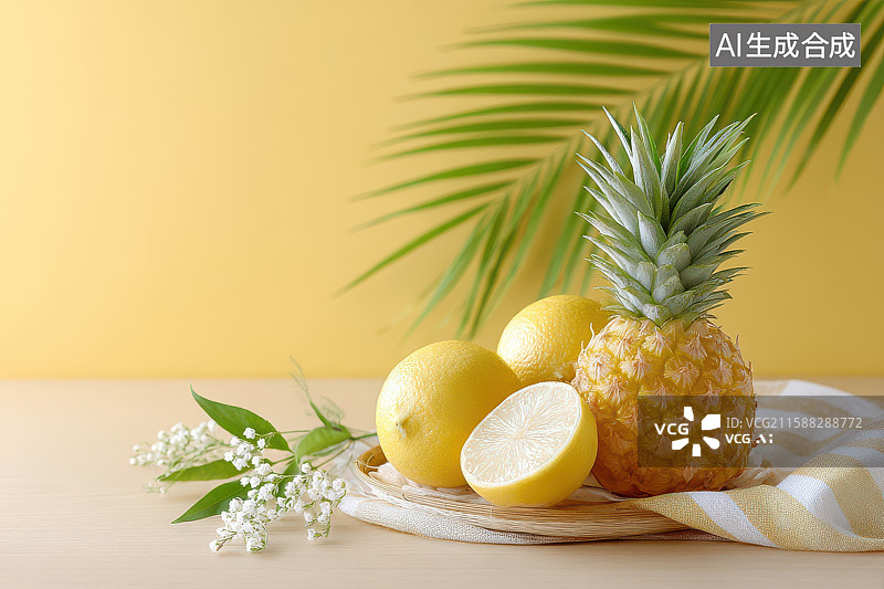 【AI数字艺术】桌面菠萝柠檬夏季清新静物图图片素材