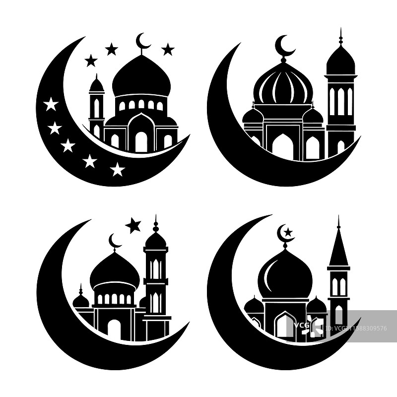 伊斯兰清真寺和月亮的黑色剪影图片素材