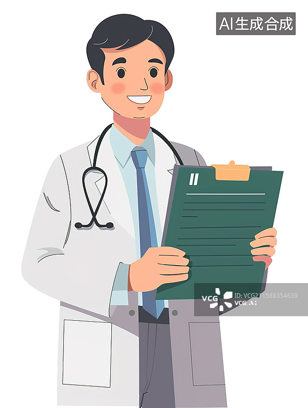 【AI数字艺术】扁平风白色背景下的中国医生插画图片素材