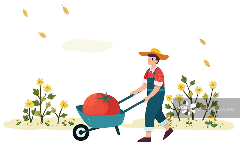治愈系插画秋天一个男人推着丰收的农产品图片素材