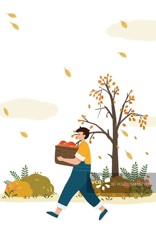 治愈系插画秋天一个男人抱着丰收的农产品图片素材