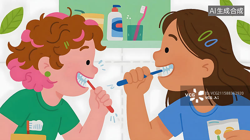 【AI数字艺术】两个孩子在浴室刷牙图片素材