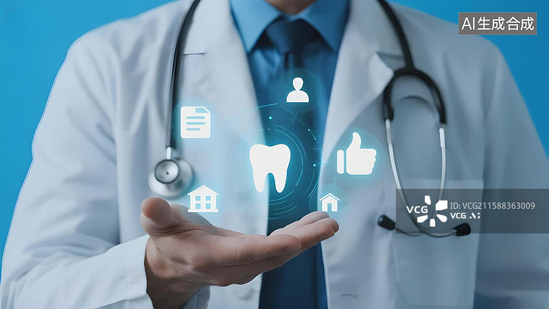 【AI数字艺术】医生展示虚拟牙齿与医疗图标图片素材