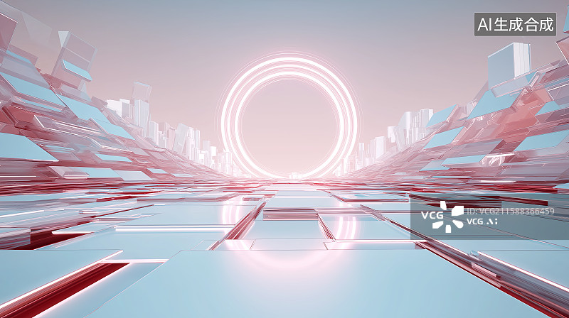 【AI数字艺术】圆环与三维图形组成的抽象未来科技背景图片素材