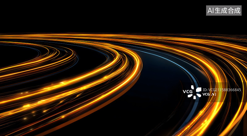 【AI数字艺术】黄色光轨线条黑色背景，抽象光轨运动图片素材