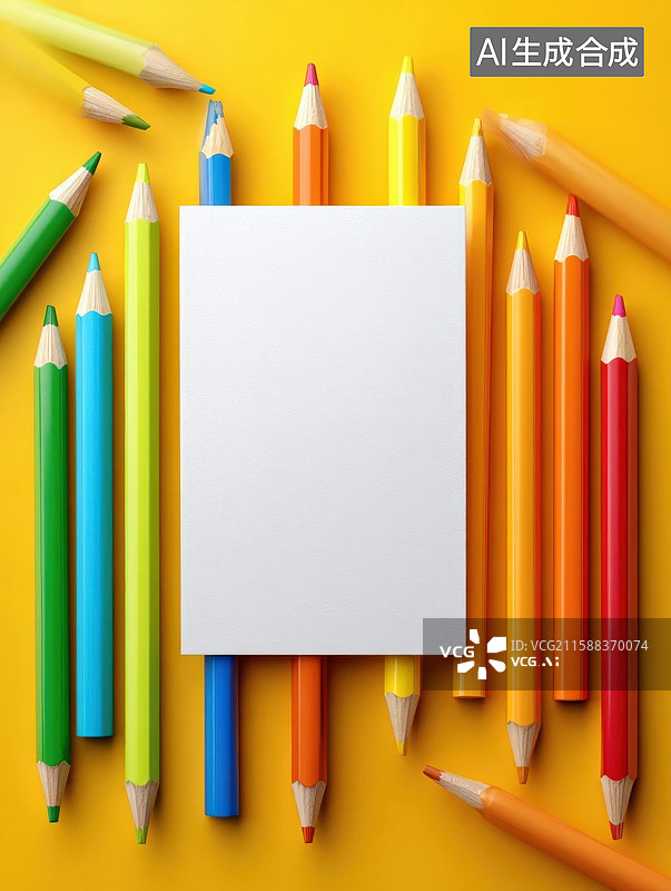 【AI数字艺术】彩色蜡笔环绕空白纸张图片素材