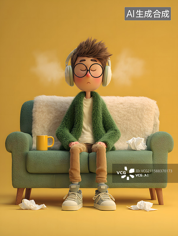 【AI数字艺术】男孩感冒用餐巾纸擤鼻涕，卡通漫画人物，3D图标人物特写图片素材