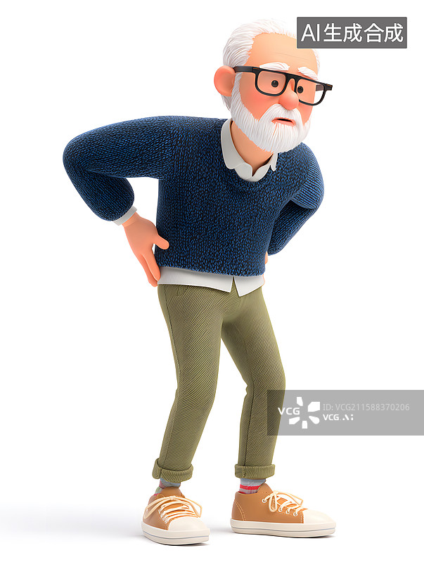 【AI数字艺术】生病腰疼的老人，老人身体弯曲手撑着腰部图片素材
