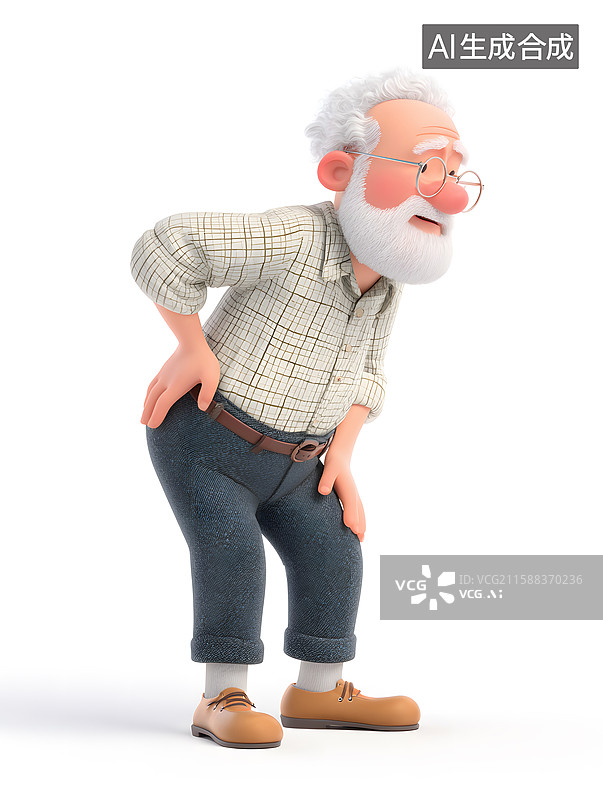 【AI数字艺术】生病腰疼的老人，老人身体弯曲手撑着腰部图片素材