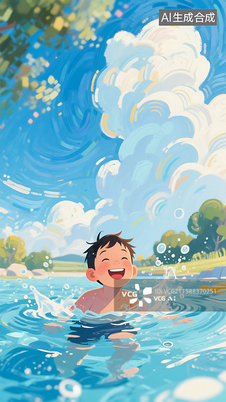 【AI数字艺术】游泳玩水的男孩插画图片素材