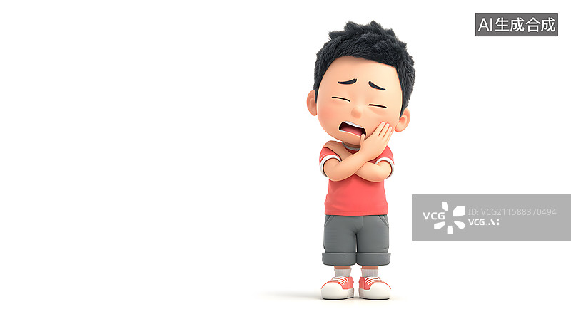 【AI数字艺术】男孩牙痛场景，3D卡通漫画人物图片素材