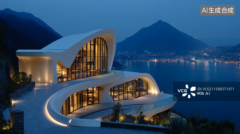 【AI数字艺术】夜晚，湖边的现代别墅，灯火通明，远处山下的城市建筑图片素材