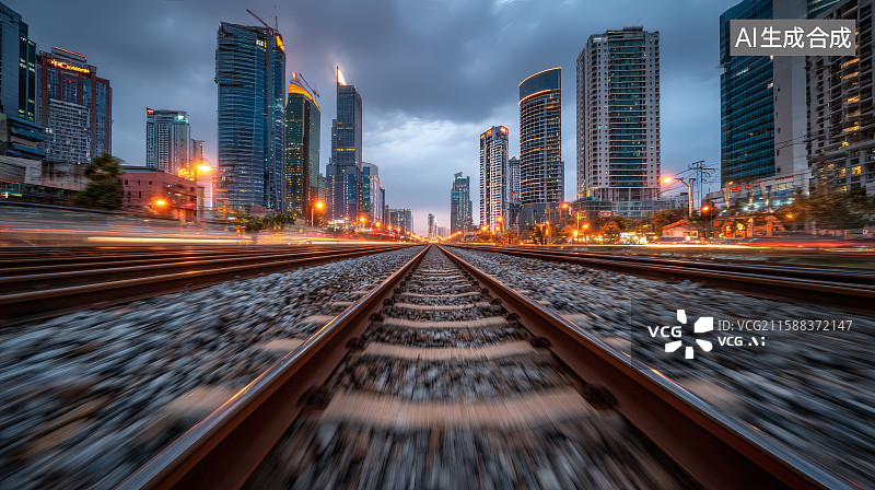 【AI数字艺术】铁道两边的城市建筑，城市高楼大厦图片素材