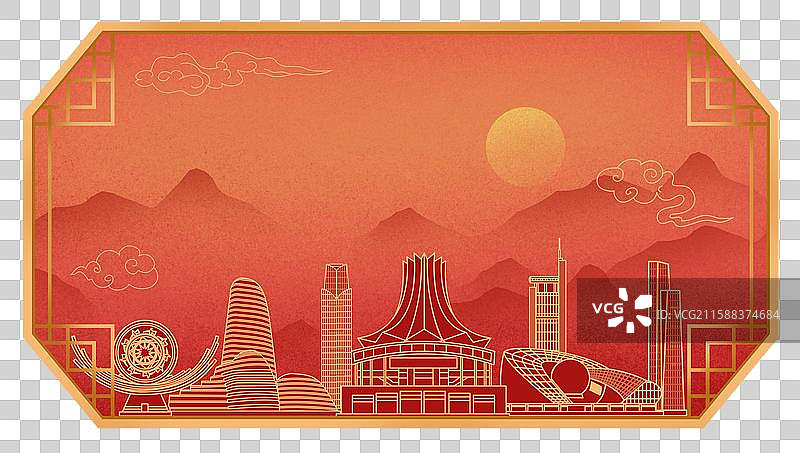 南宁红色中秋节中国风新年古典淡雅山峰窗户景观城市图片素材